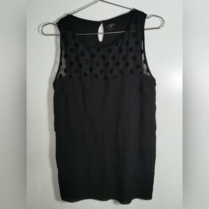 LOFT Elegant Sleeveless Black Ruffle Blouse. Neckline Sheer With Polka Dots. SM